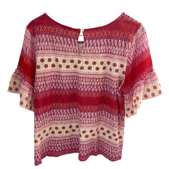 Lucky Brand Women's Top Size Large Red Multicolored Pattern Ruffled Sleeves - Picture 2 of 8